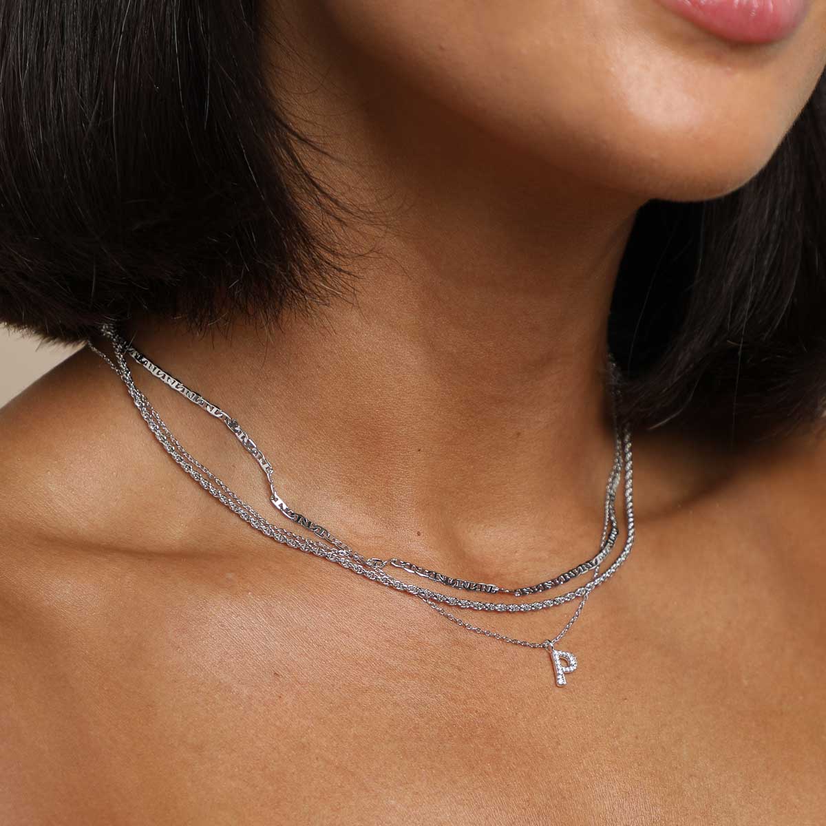 Gemstone Necklaces - P Initial Pavé Pendant Necklace in Silver - Pendant Necklace - Astrid &amp; Miyu