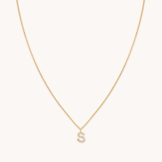 S Initial Pavé Pendant Necklace in Gold