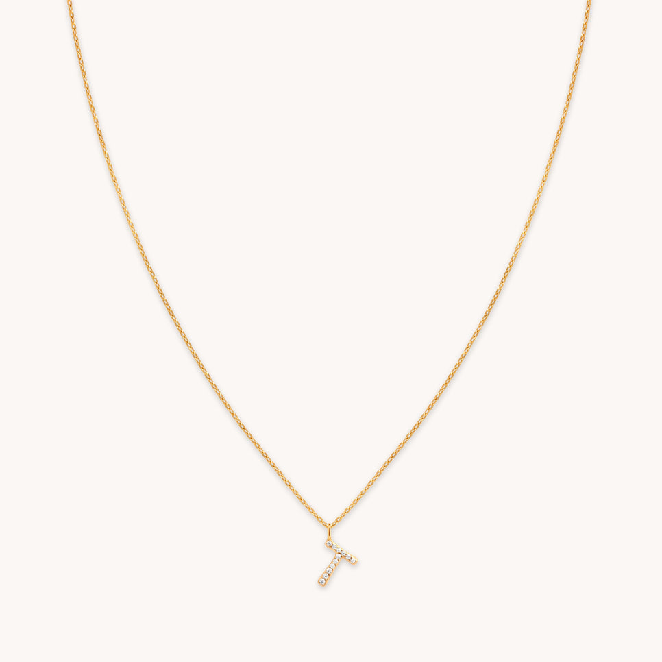 T Initial Pavé Pendant Necklace in Gold