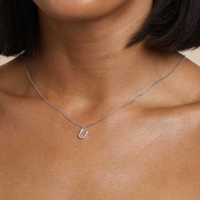 Gemstone Necklaces - U Initial Pavé Pendant Necklace in Silver - Pendant Necklace - Astrid & Miyu
