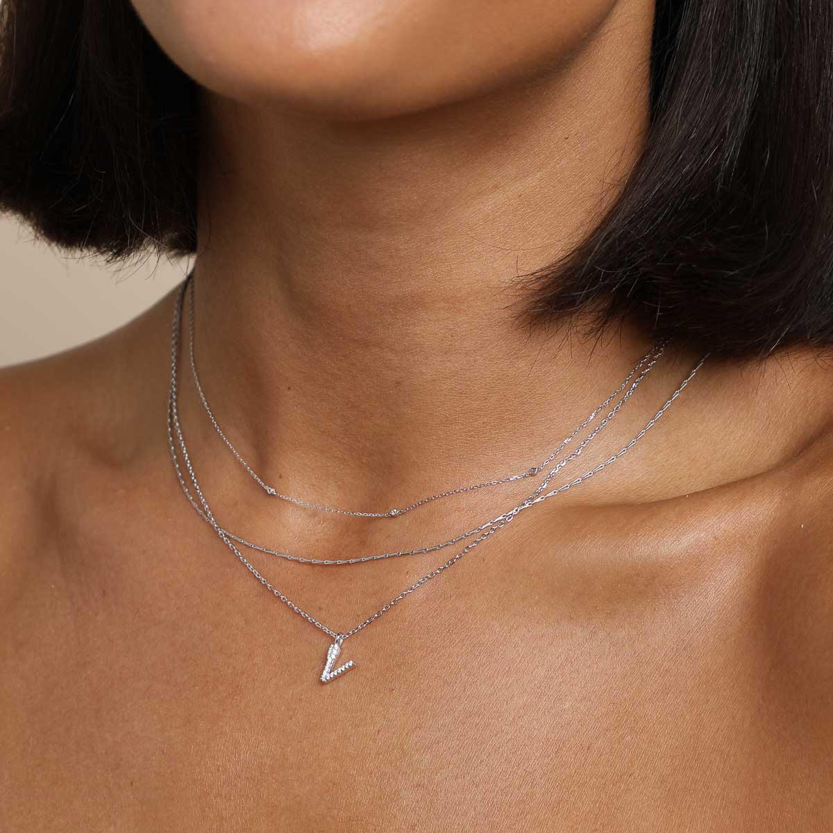 Initial Pave Pendant Necklace V in Silver