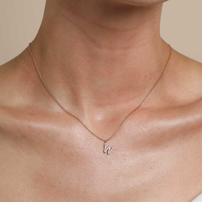 18k Gold Plated Jewellery - W Initial Pavé Pendant Necklace in Gold - Pendant Necklace - Astrid & Miyu