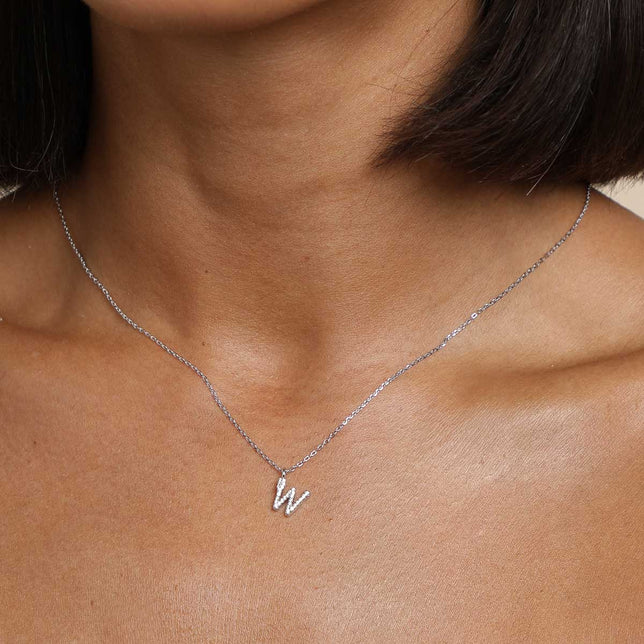 Gemstone Necklaces - W Initial Pavé Pendant Necklace in Silver - Pendant Necklace - Astrid & Miyu