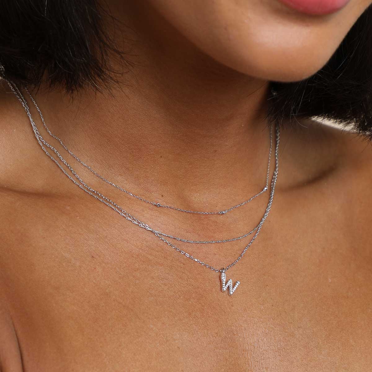 Gemstone Necklaces - W Initial Pavé Pendant Necklace in Silver - Pendant Necklace - Astrid &amp; Miyu