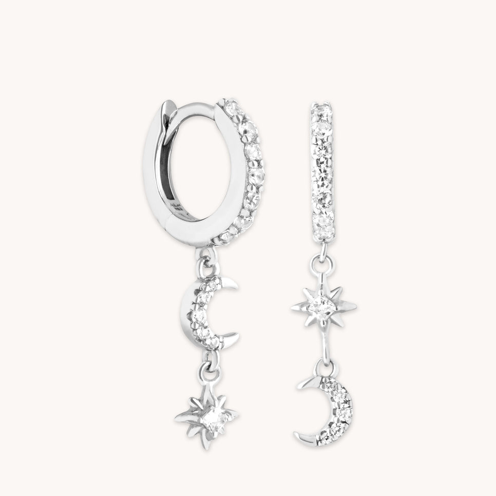 Star & Moon Charm Huggies in Silver