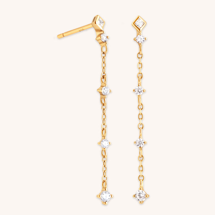 Crystal Chain Drop Studs in Gold