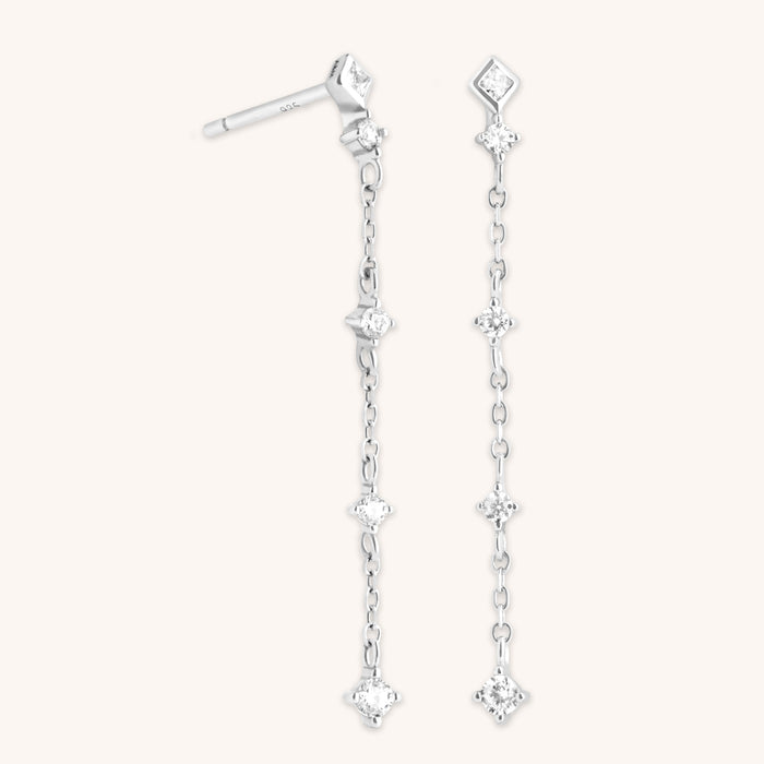 Crystal Chain Drop Studs in Silver