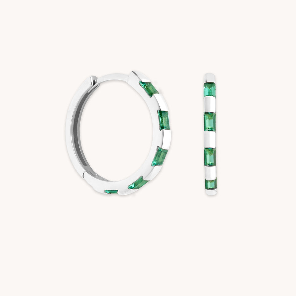 Emerald Baguette Hoops in Solid White Gold