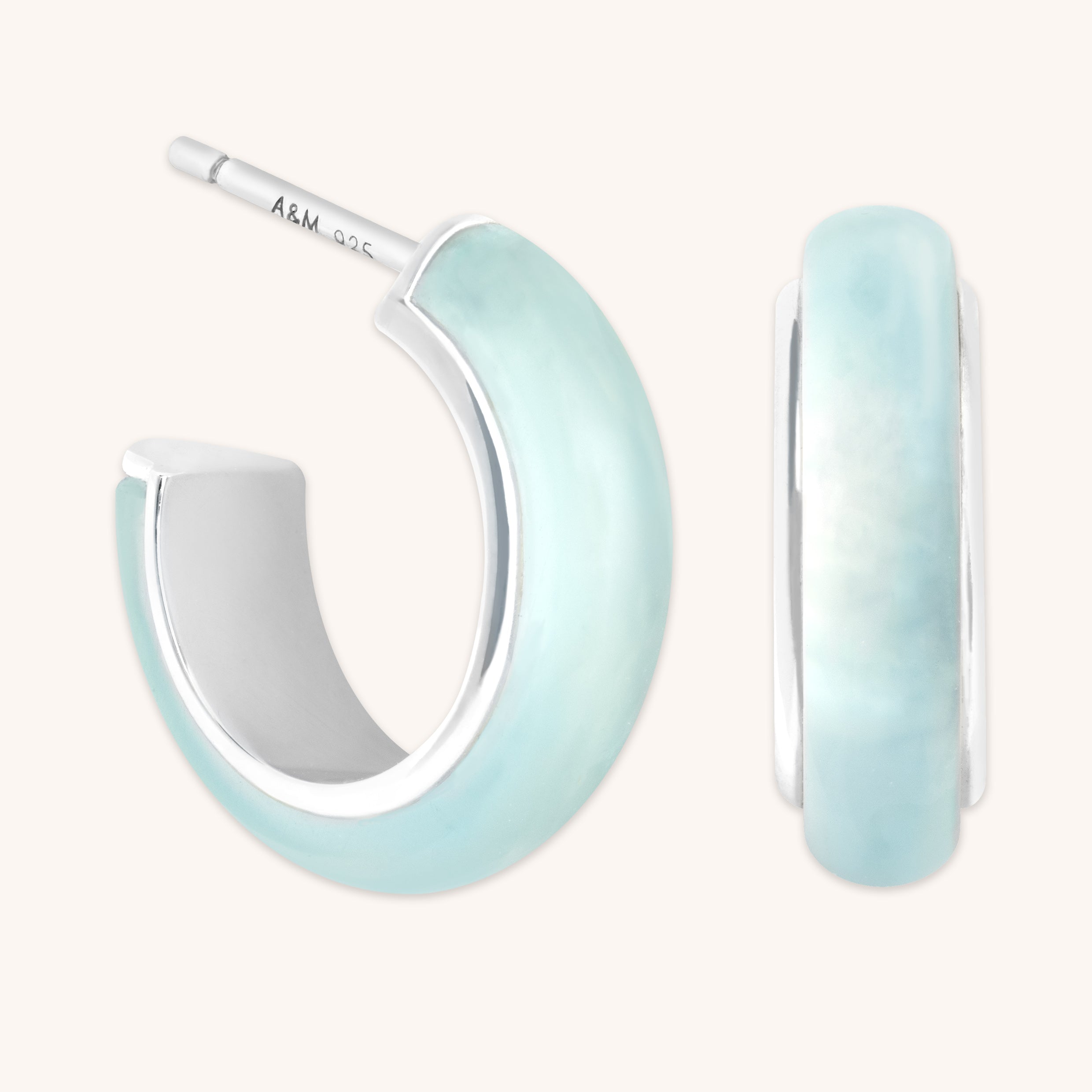 Aqua Chalcedony Carved Dome Hoops in Silver