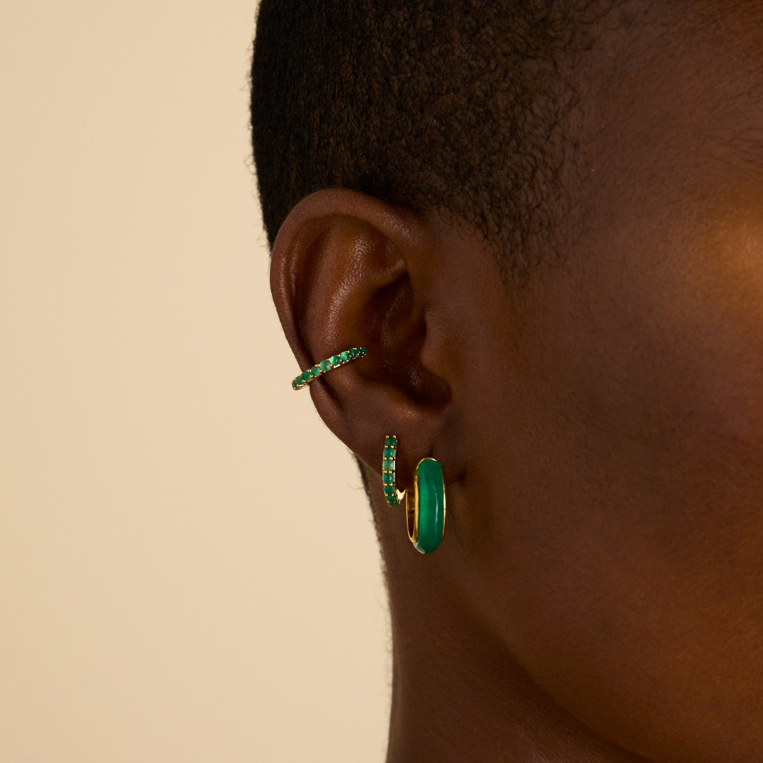 Green Onyx Carved Stone Hoops in Gold