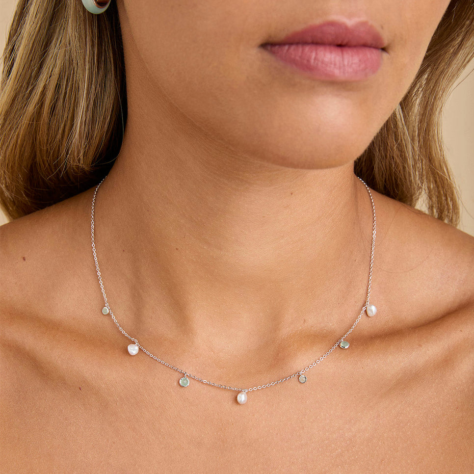 Aqua & Pearl Charm Necklace in Silver