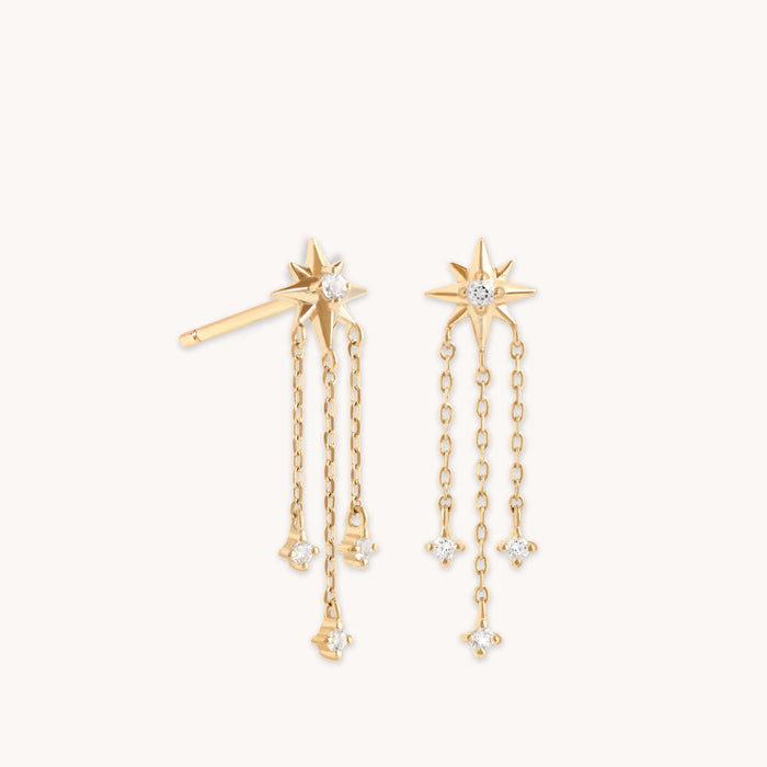 Shooting Star Chain Drop Studs in Solid Gold