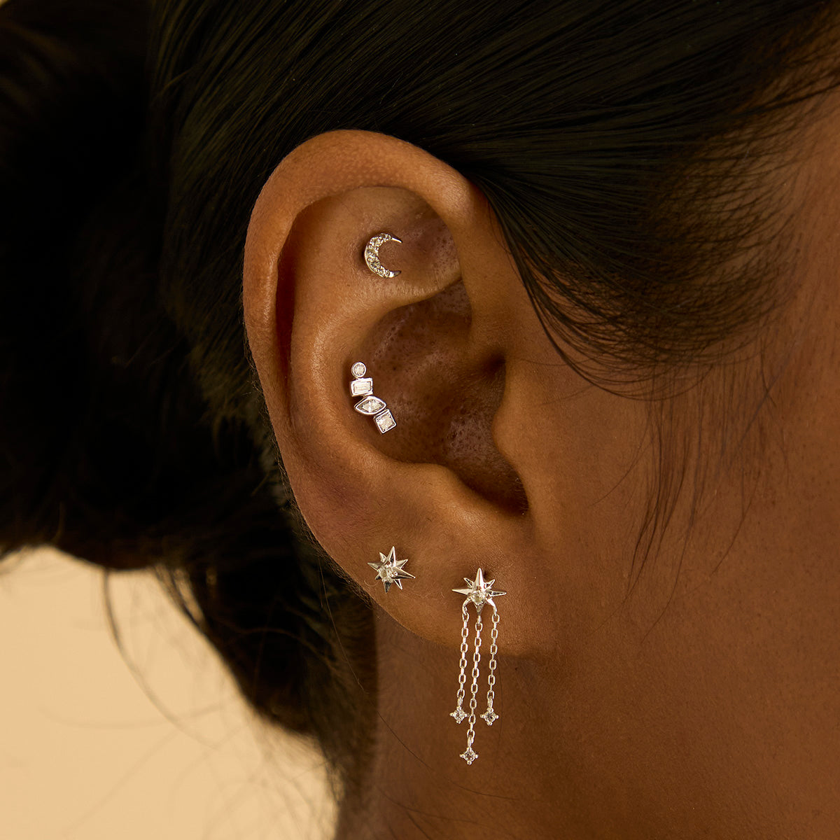 Shooting Star Chain Drop Studs in Solid White Gold