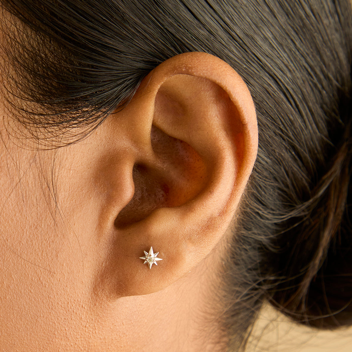 White Topaz Star Studs in Solid White Gold