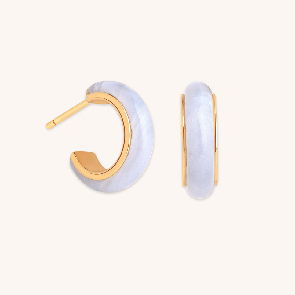 Blue Lace Agate Stone Hoops in Gold