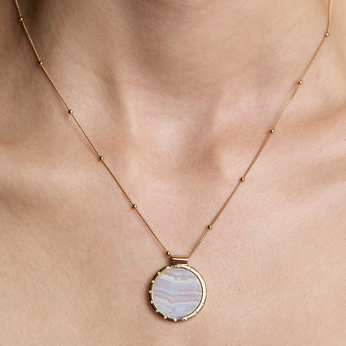 Blue Lace Agate Pendant Necklace in Gold