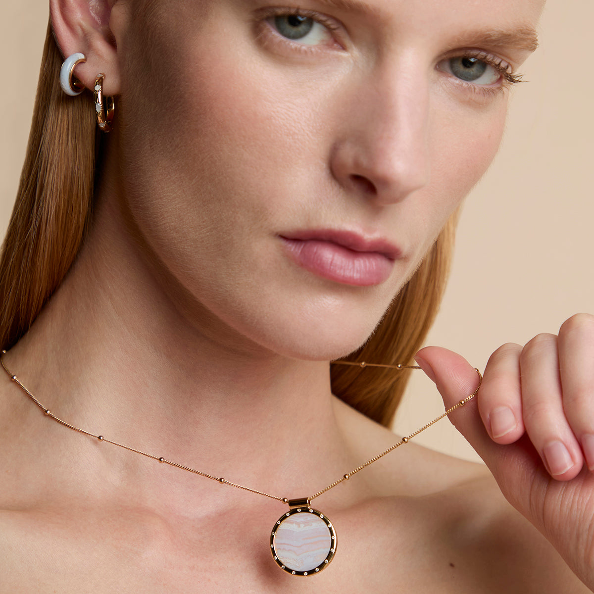 Blue Lace Agate Pendant Necklace in Gold