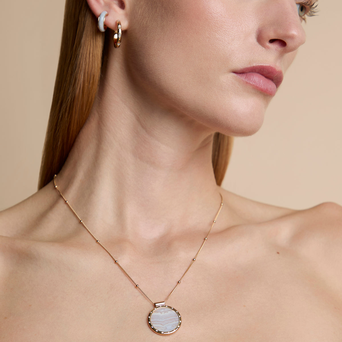 Blue Lace Agate Pendant Necklace in Gold