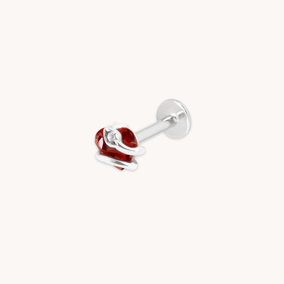 Garnet Heart & Snake Piercing Stud in Solid White Gold