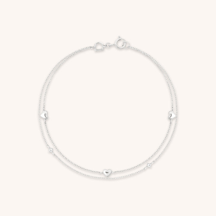 Heart Charm Double Chain Bracelet in Solid White Gold