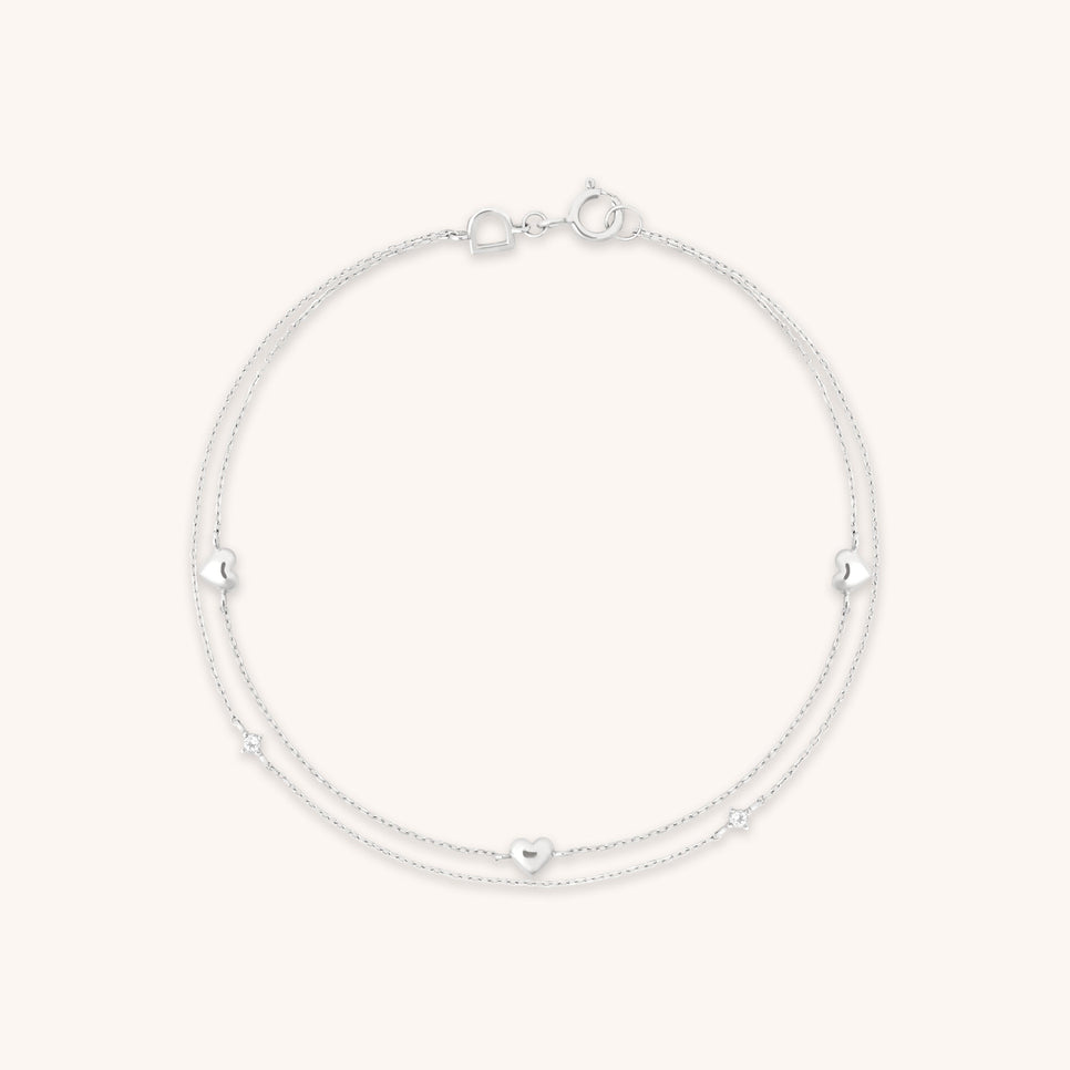 Heart Charm Double Chain Bracelet in Solid White Gold