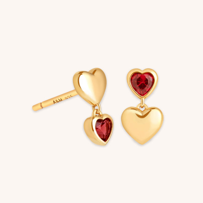 Red Heart Drop Studs in Gold