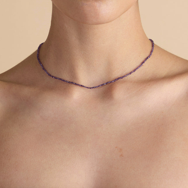 Amethyst February Beaded Necklace in Solid Gold