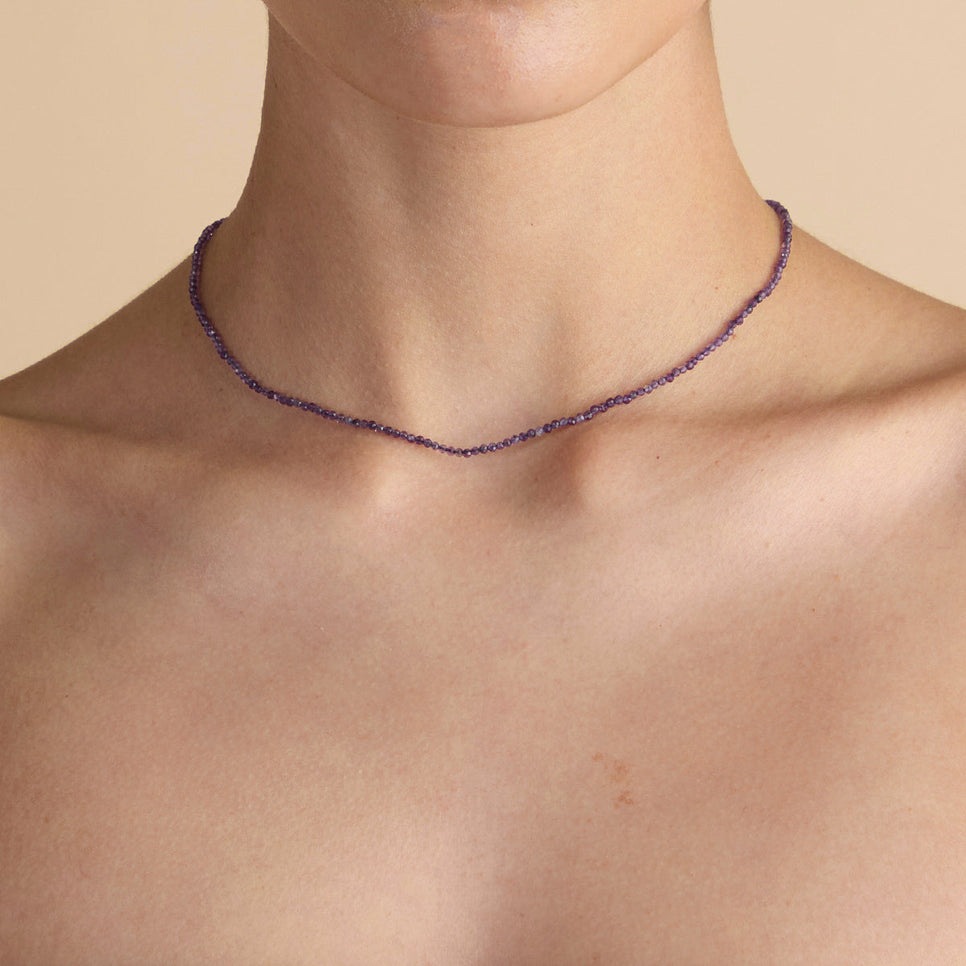 Amethyst February Beaded Necklace in Solid Gold