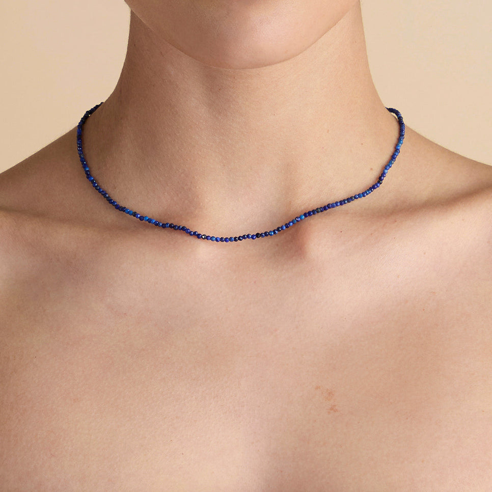 Lazurite September Beaded Necklace in Solid Gold