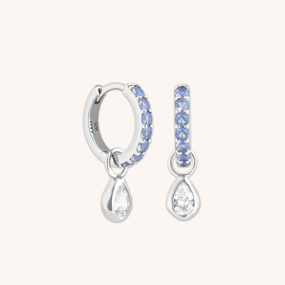 Blue Pear Charm Huggies in Silver