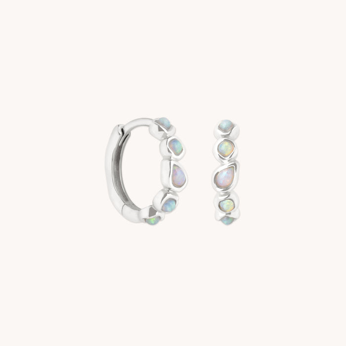 Opal Pear Bezel Huggies in Solid White Gold
