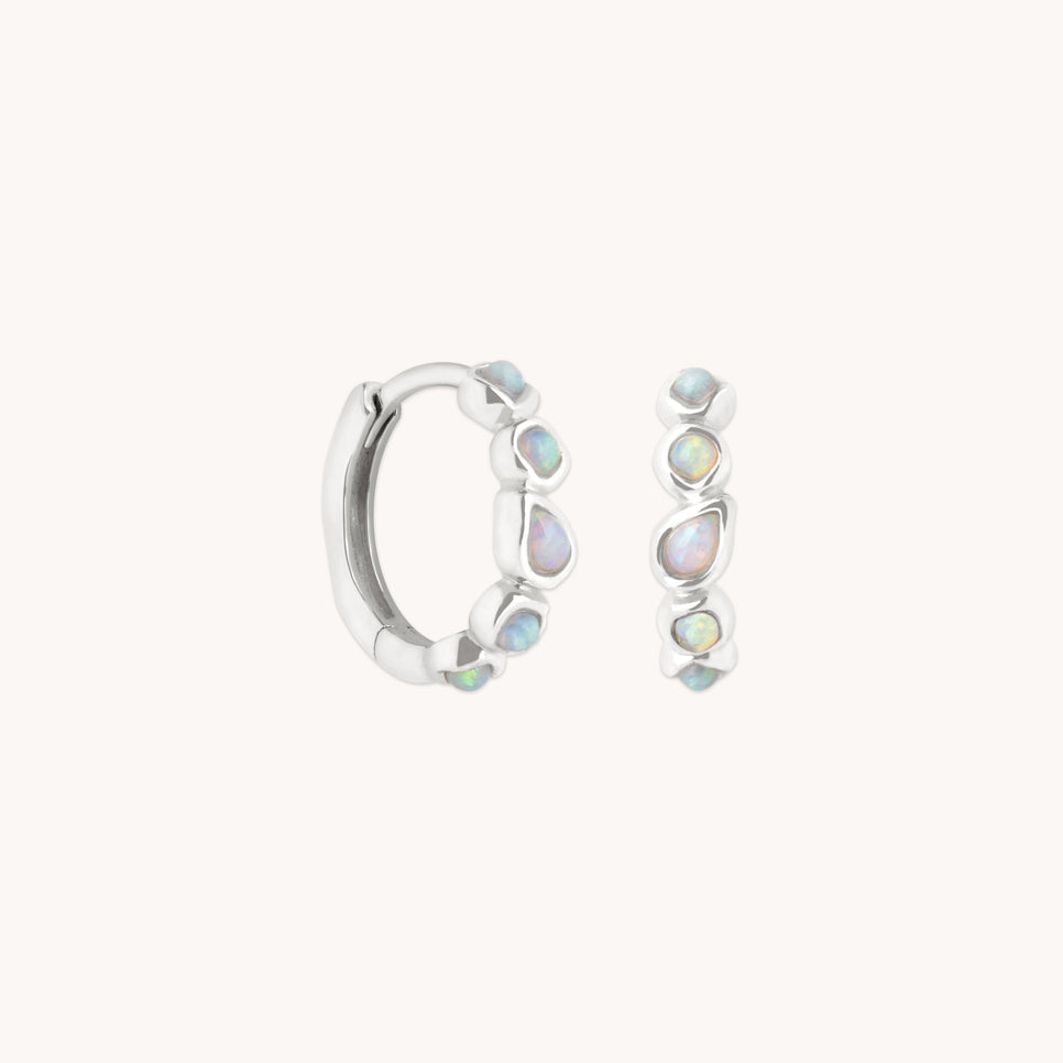 Opal Pear Bezel Huggies in Solid White Gold