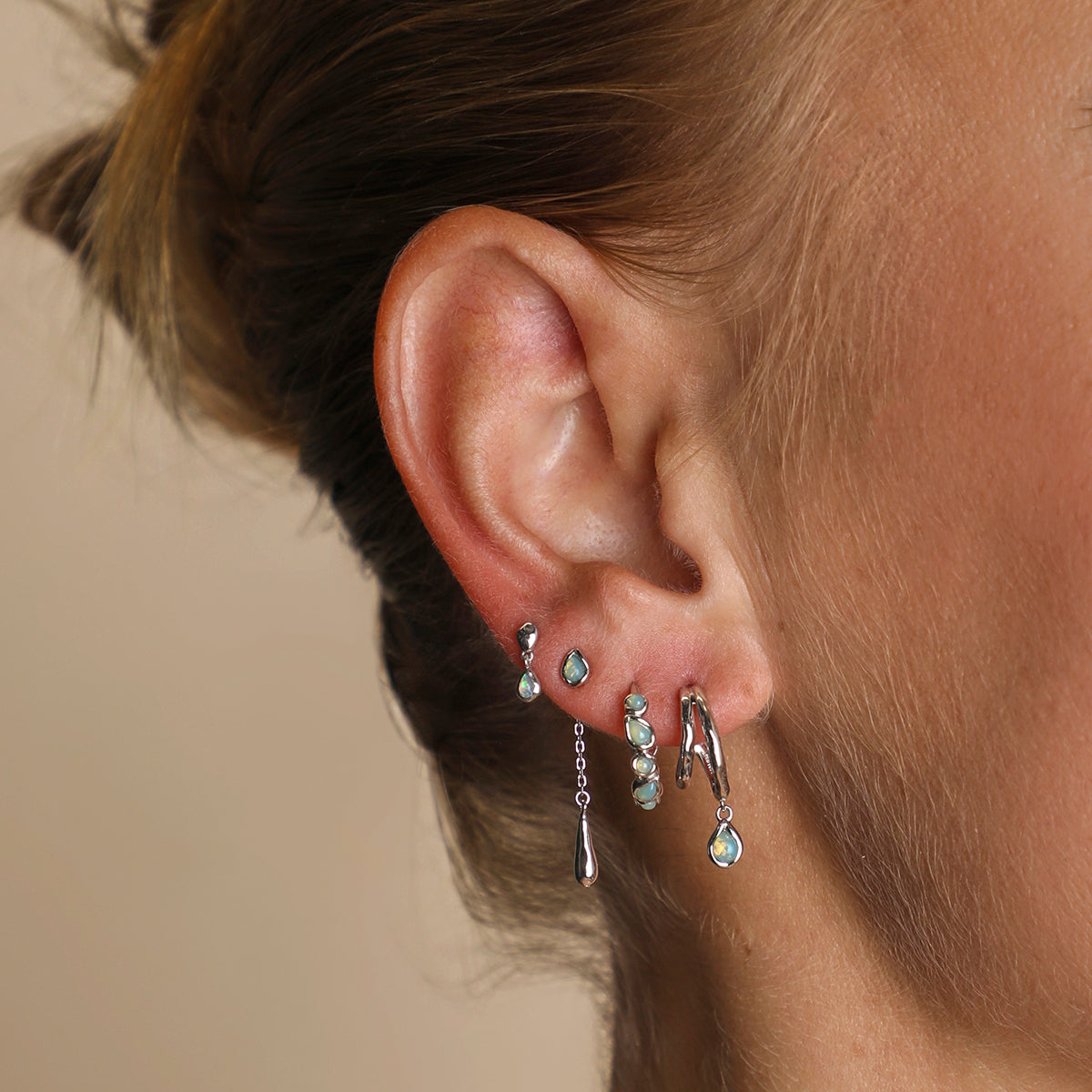 Opal Charm Drop Studs in Silver