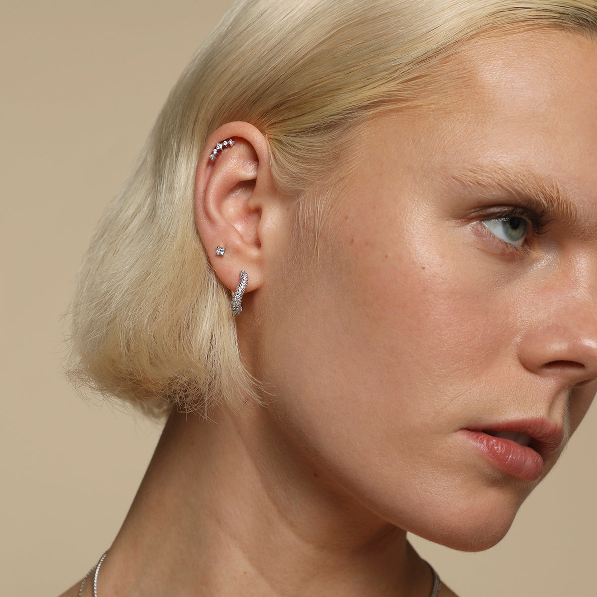 Curved Square Crystal Titanium Piercing Stud in Platinum-Astrid &amp; Miyu