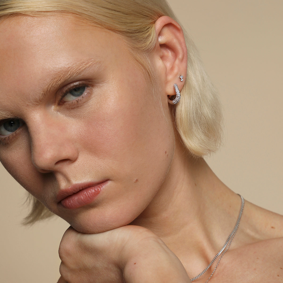 Square Crystal Double Titanium Piercing Stud in Platinum-Astrid &amp; Miyu