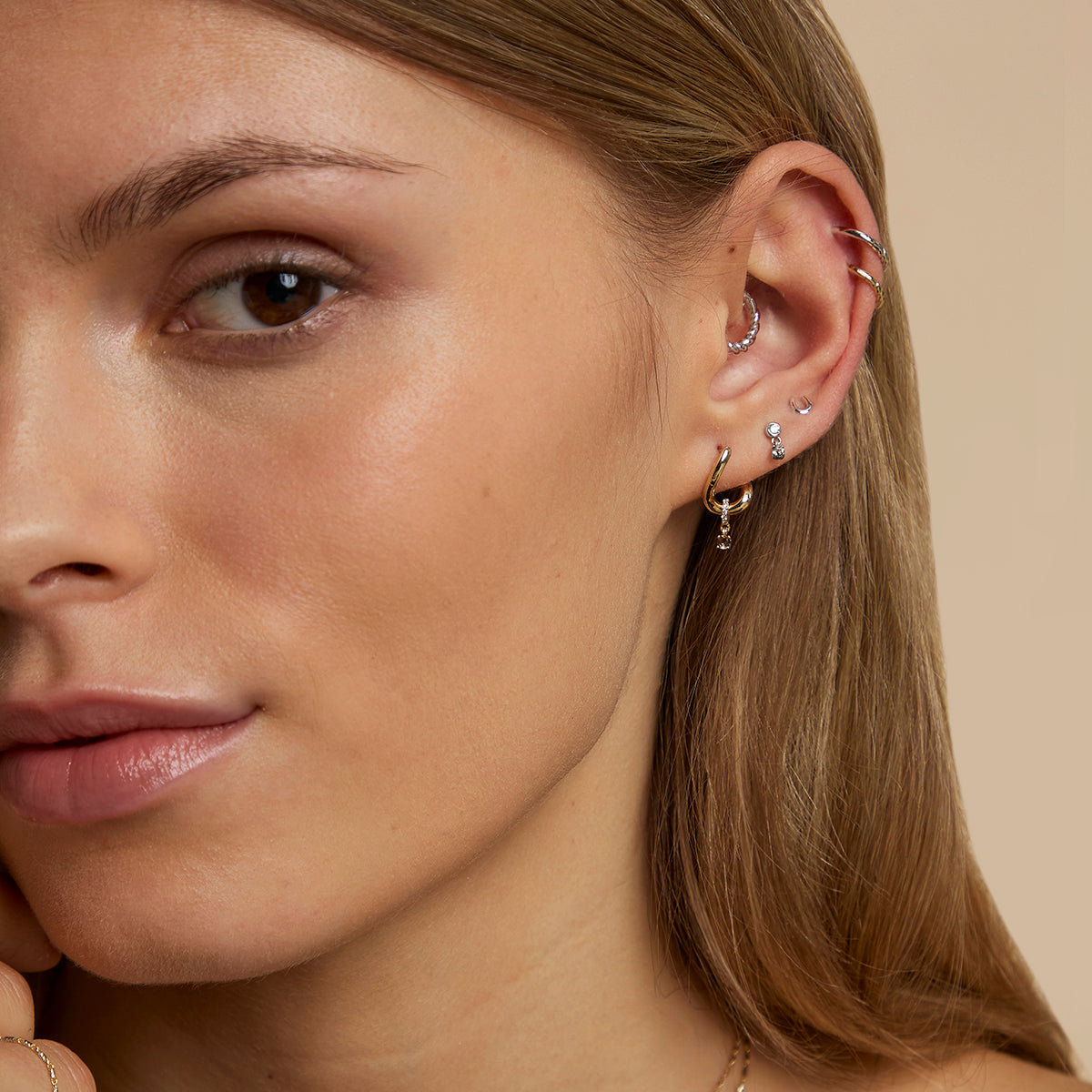 Diamond & Quartz Charm Studs in Solid White Gold