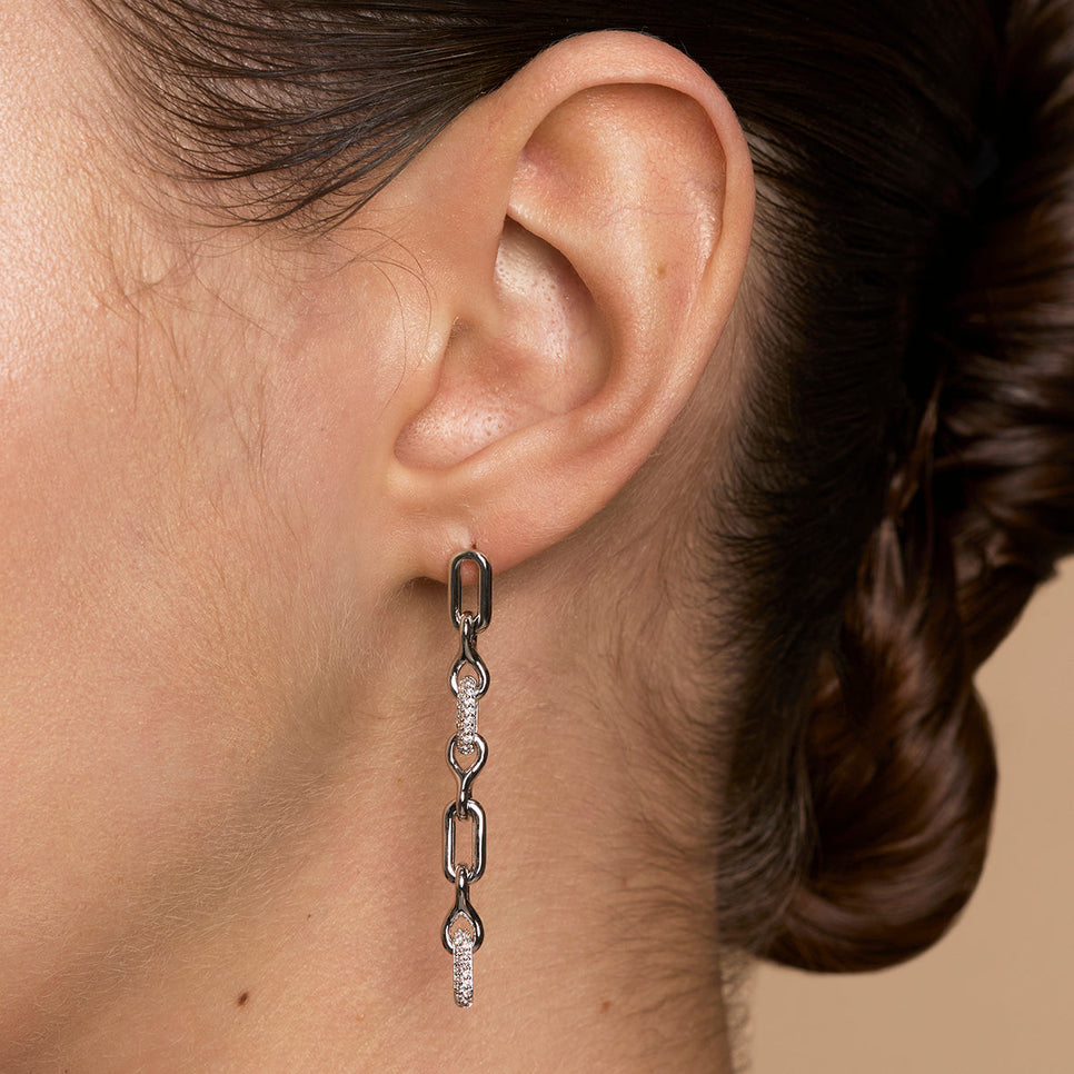 Pavé Chain Link Drop Studs in Silver