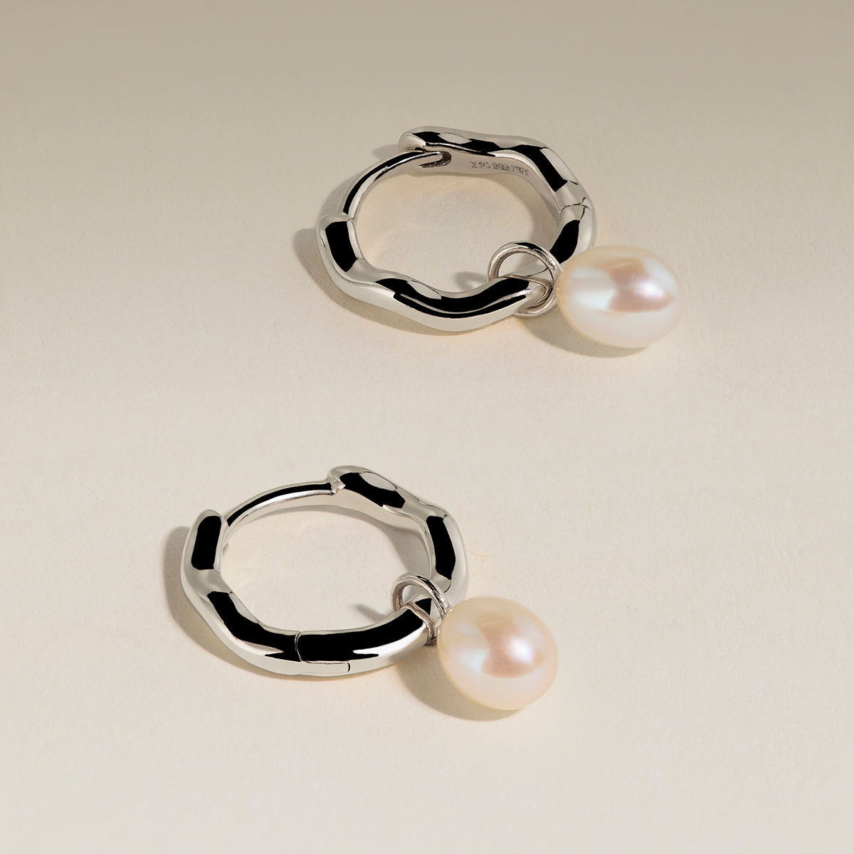 Scalloped Pearl Charm Huggies in Solid White Gold-Astrid &amp; Miyu