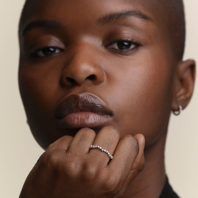 Diamond & Pearl Scalloped Ring in Solid White Gold-Astrid & Miyu