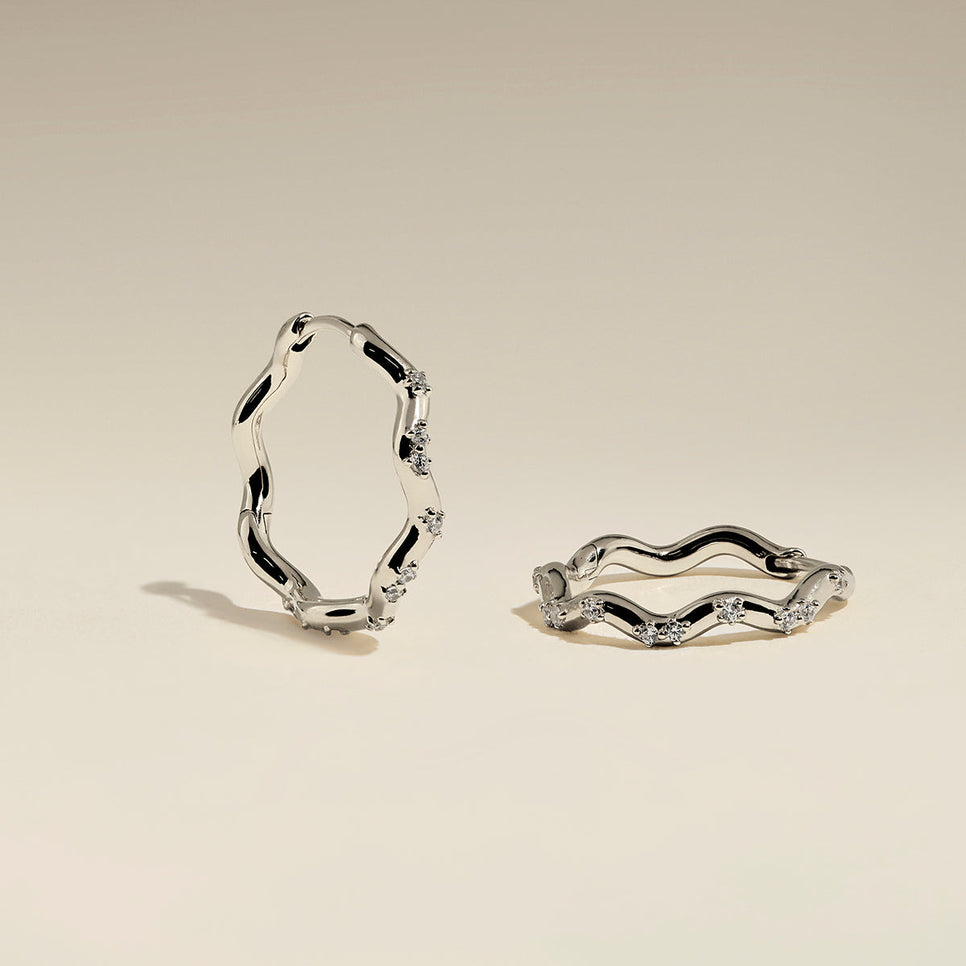 Scalloped Crystal Medium Hoops in Silver-Astrid &amp; Miyu