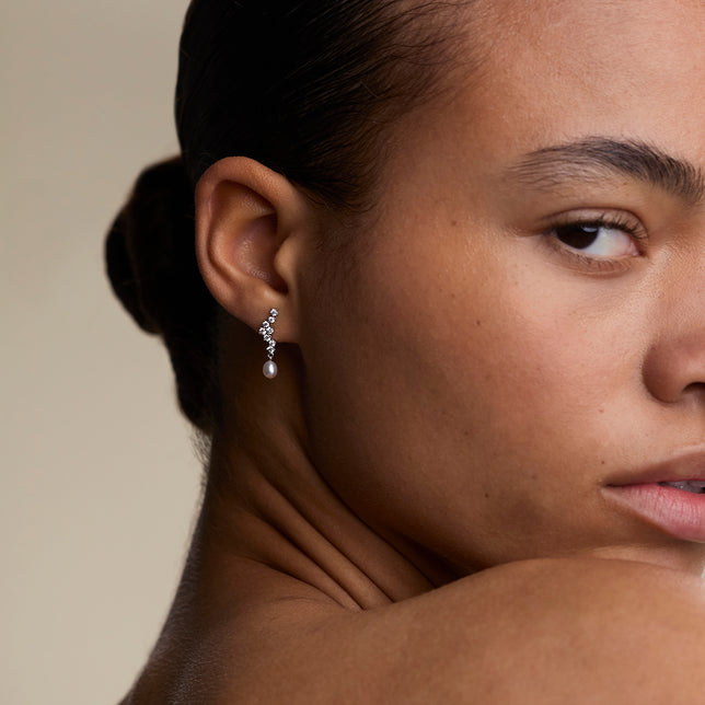 Scalloped Crystal Charm Studs in Silver