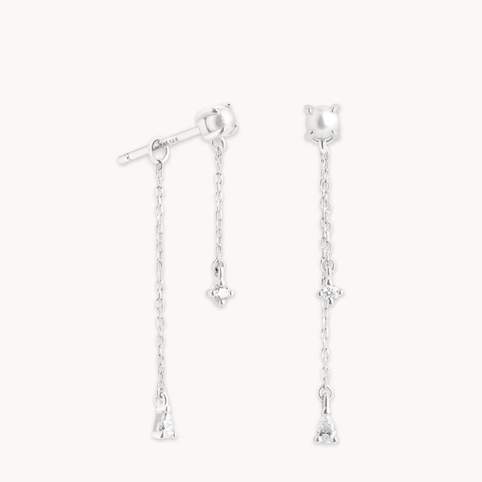 Diamond & Pearl Chain Studs in Solid White Gold