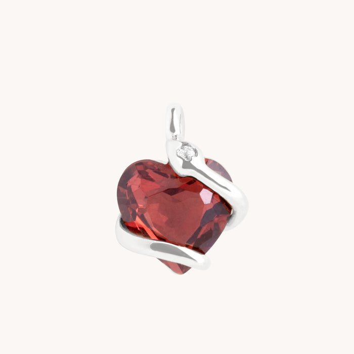 Garnet Heart & Snake Charm 9k White Gold