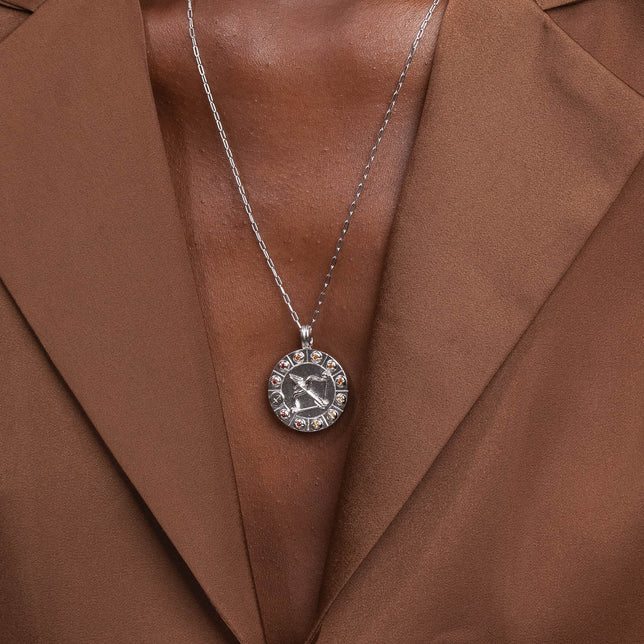 Sagittarius Bold Zodiac Pendant Necklace in Silver worn