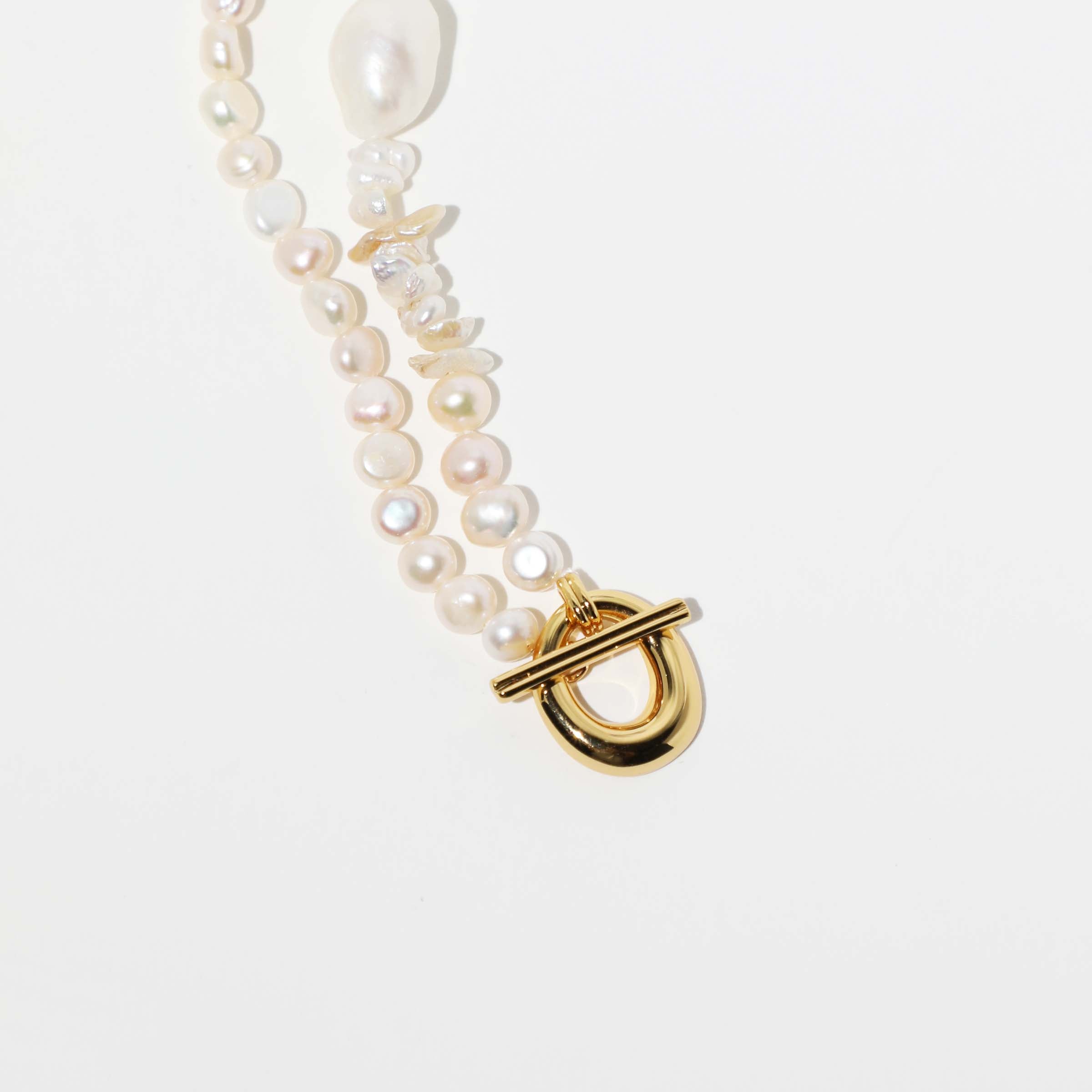 Serenity Pearl Beaded T-Bar Necklace in Gold flat lay