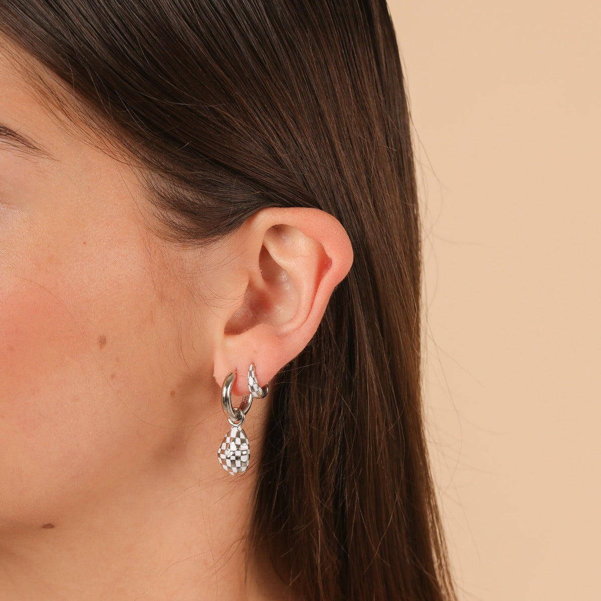 Checkerboard Pendant Hoops in Silver worn