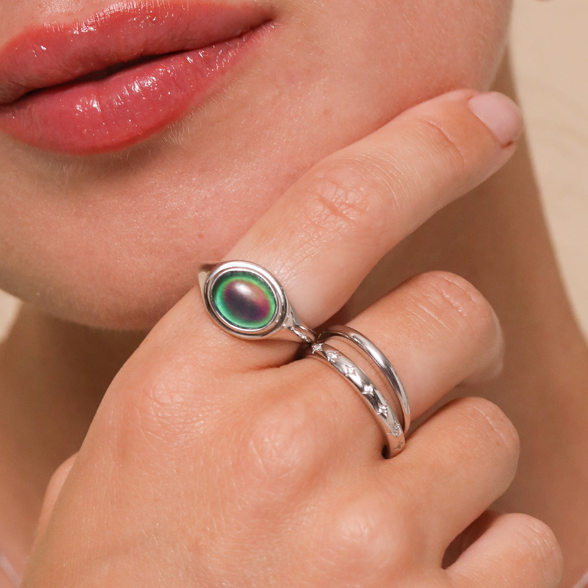Mood Ring in Silver worn
