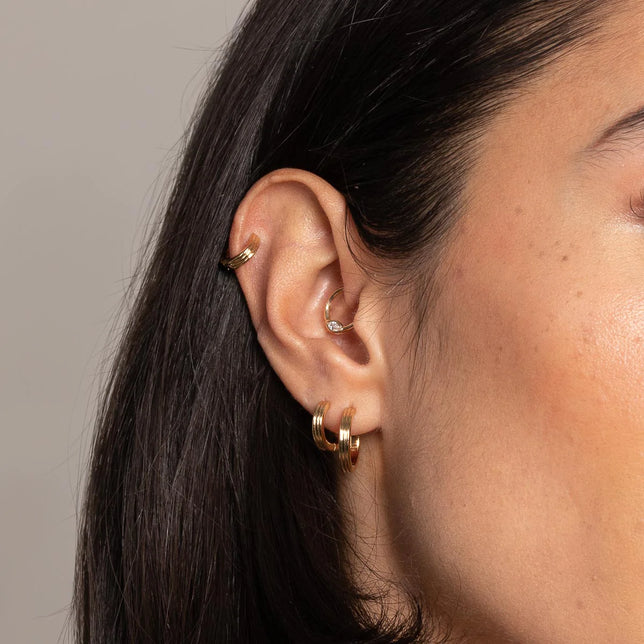 Pleated Hoop 8mm in Gold worn with other earrings