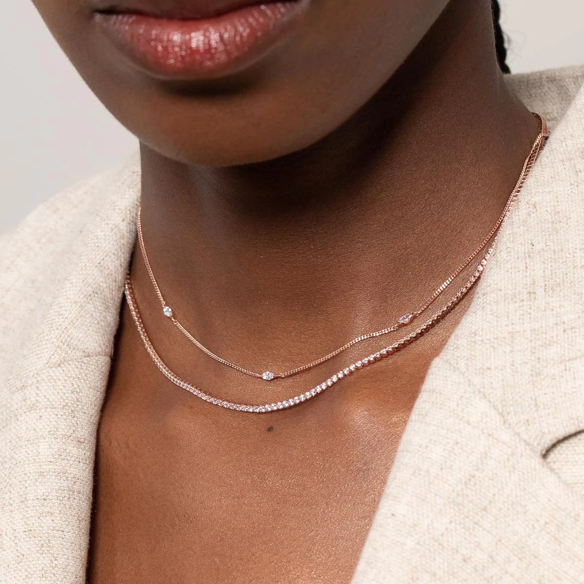 Station Navette Crystal Necklace in Rose Gold worn with tennis chain necklace
