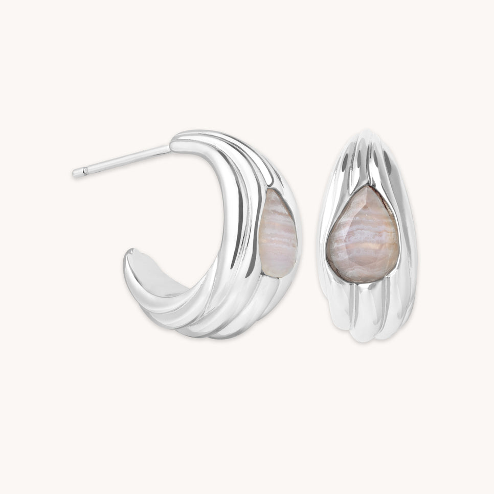 Agate Wave Dome Hoops in Silver